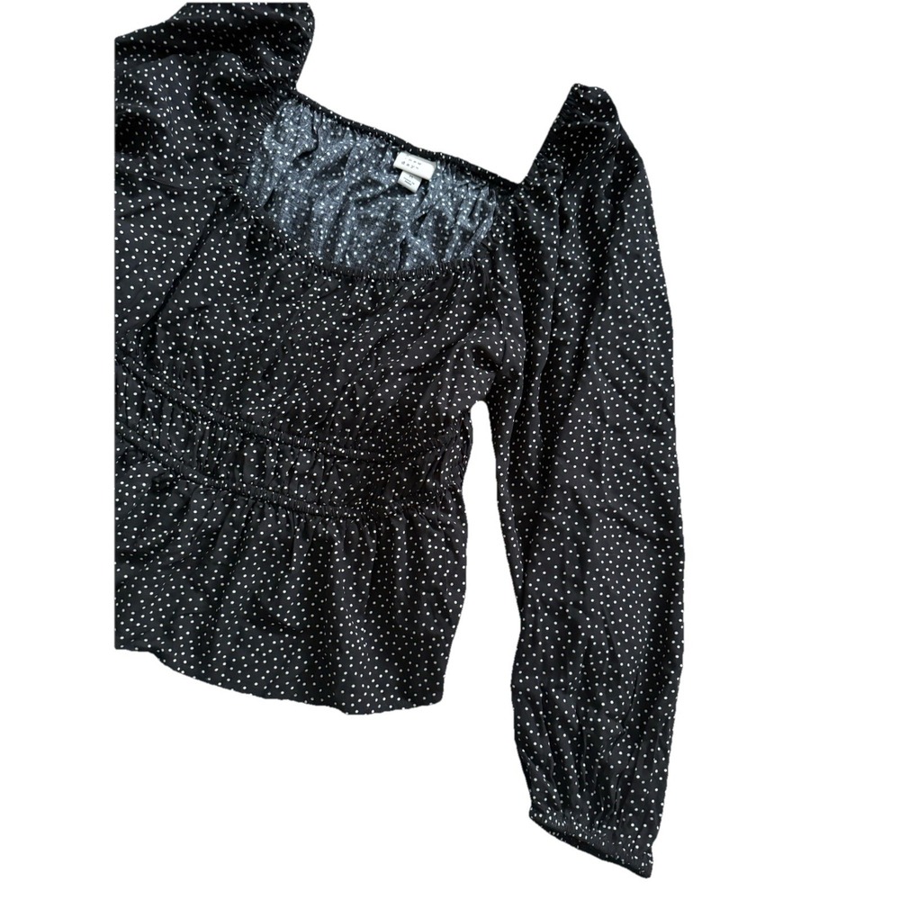 A New Day Woman's Long Sleeve Ruched Top Size Medium Black With Polka Dots - Picture 3 of 7
